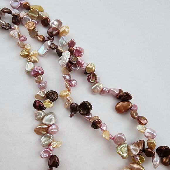 Long Strand Golden green Pink Keshi Pearl Necklace Artisan Genuine 34" Triple - Picture 6 of 11